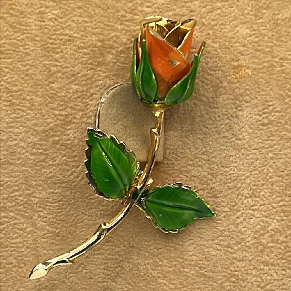 Vintage Giovanni orange enamel rose brooch